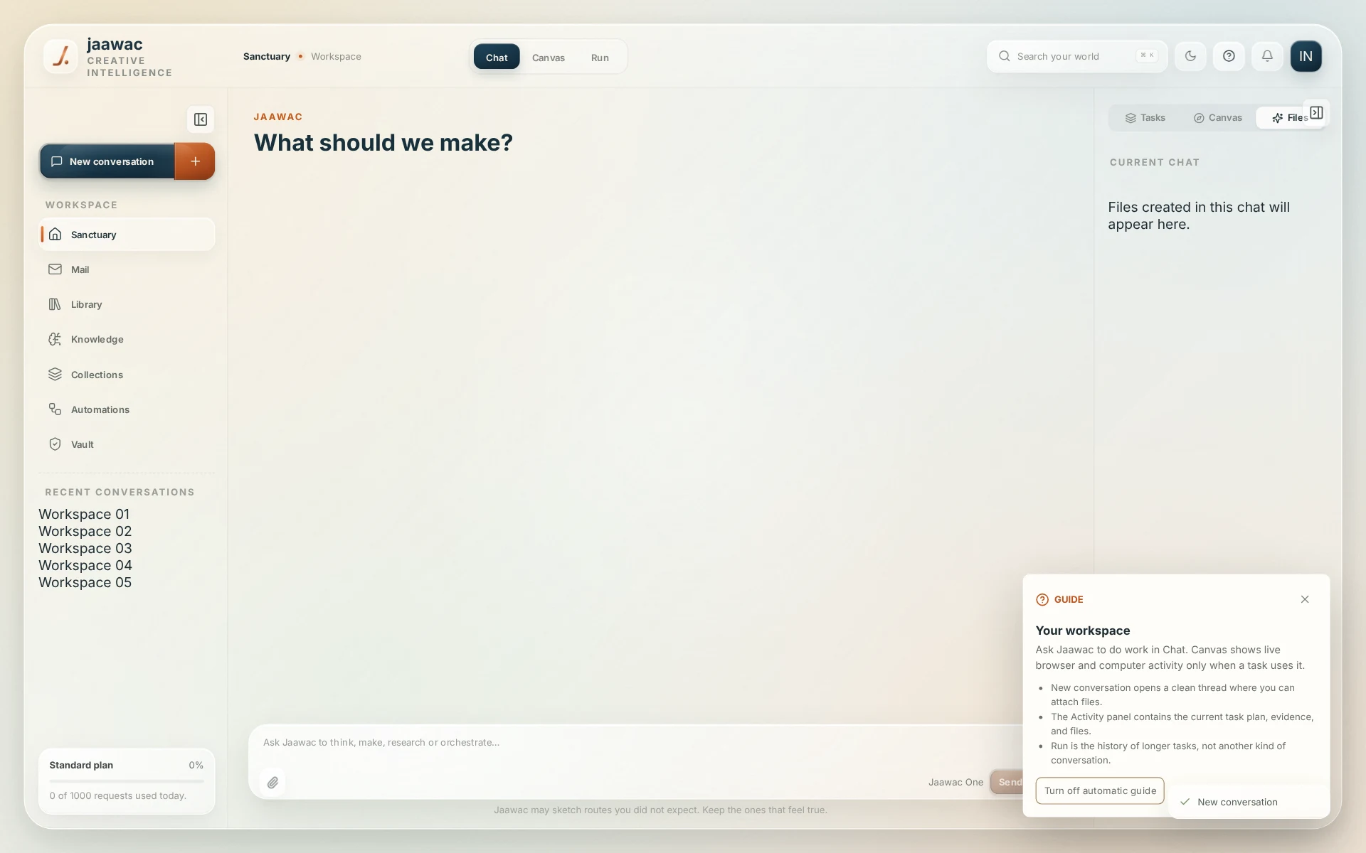 The real Jaawac workspace showing Chat, Canvas and Run modes with Mail, Library, Knowledge, Collections, Automations and Vault navigation