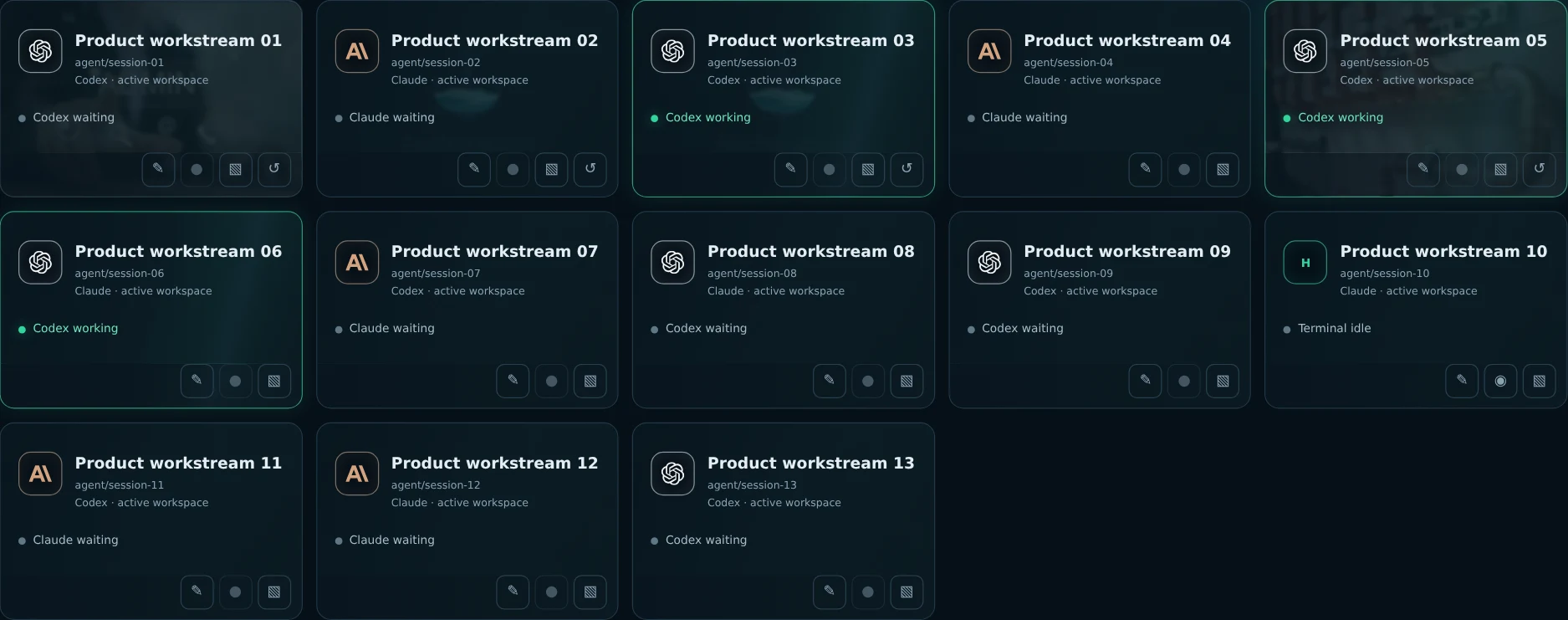 The real Server Harbor session grid with thirteen sanitized Codex and Claude workstreams showing working and waiting states